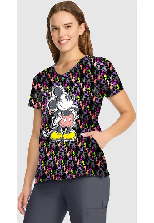 V-Neck Print Scrub Top Iconic Mickey