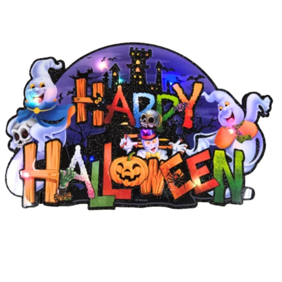 Decoración colgante de Halloween con luces LED, fantasmas alegres y castillo embrujado