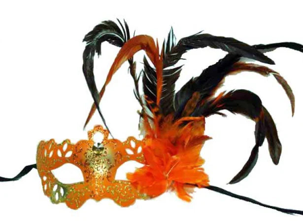 Máscara estilo veneciano con pluma lateral naranja