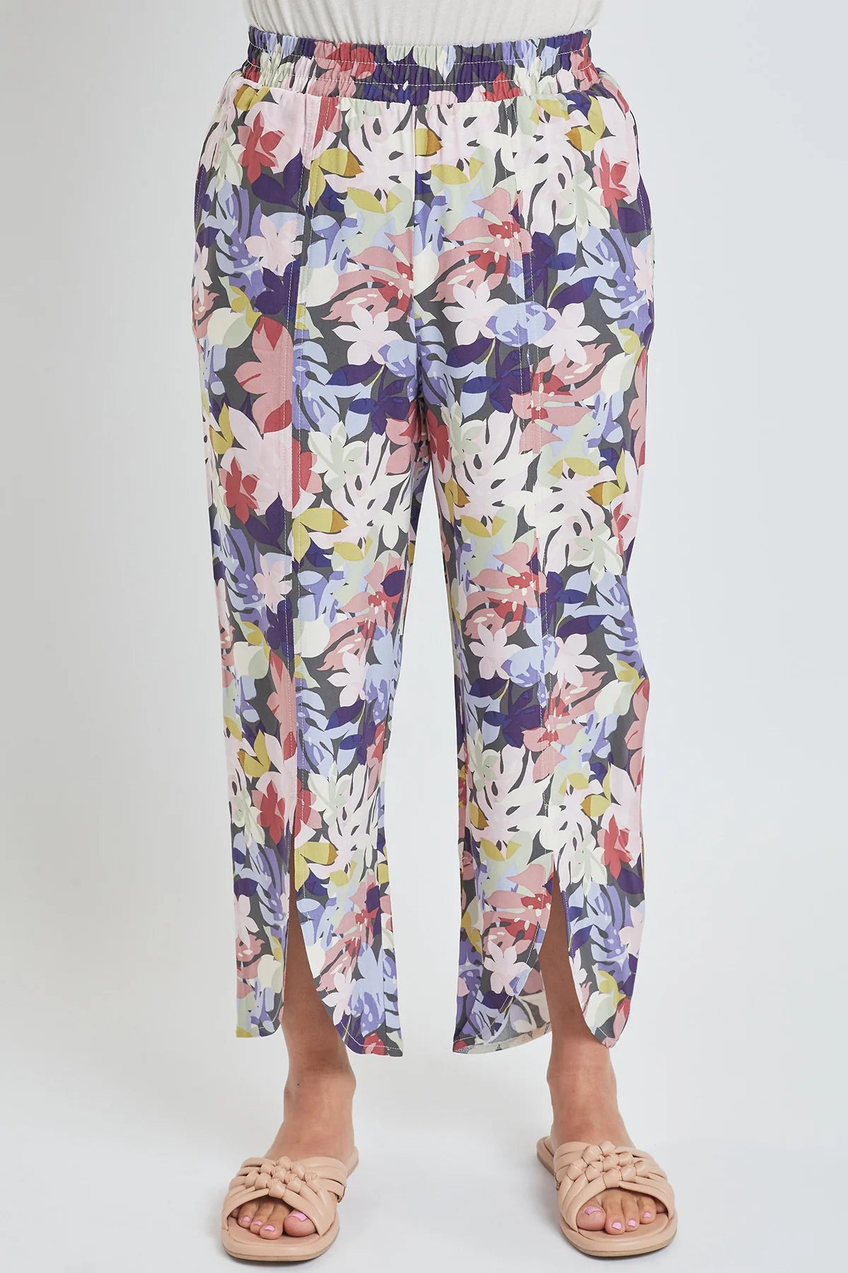 Pantalones de lino para mujer con abertura frontal Jungle Flowers