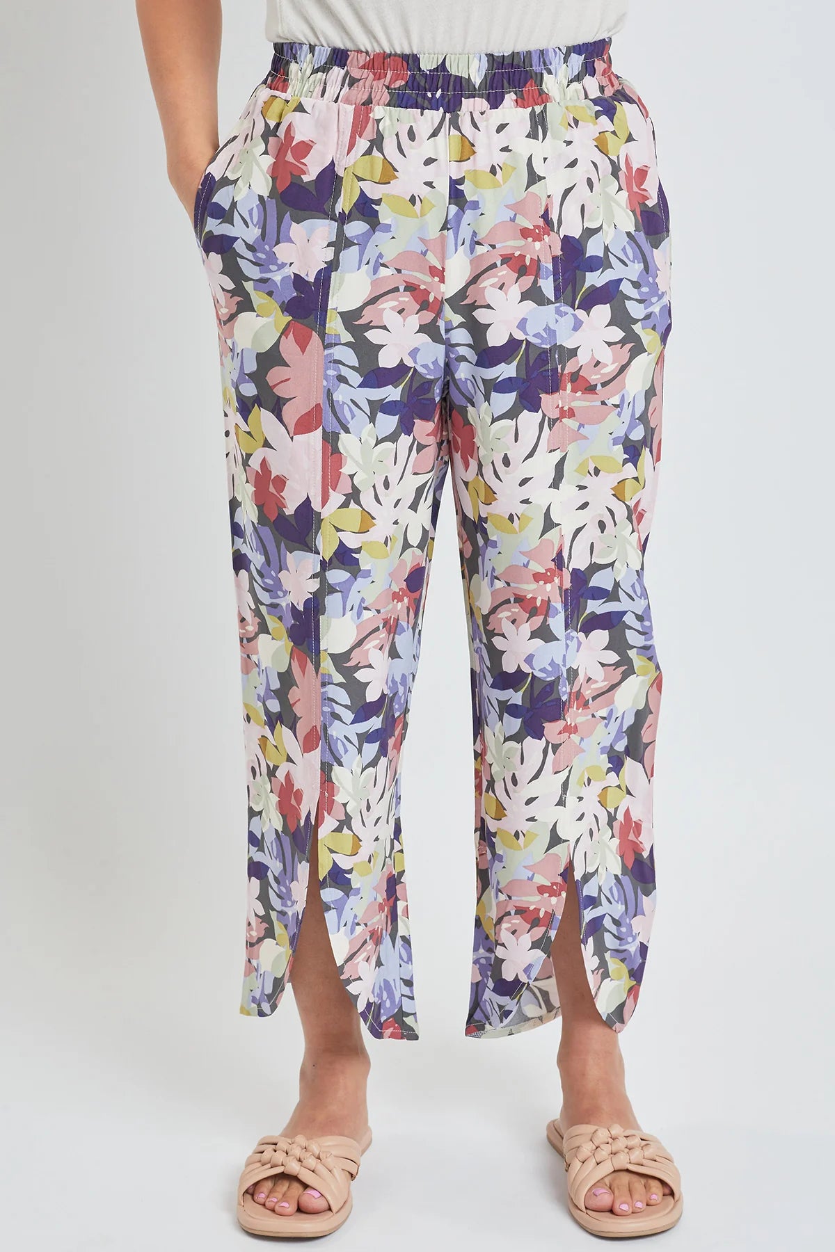 Pantalones de lino para mujer con abertura frontal Jungle Flowers