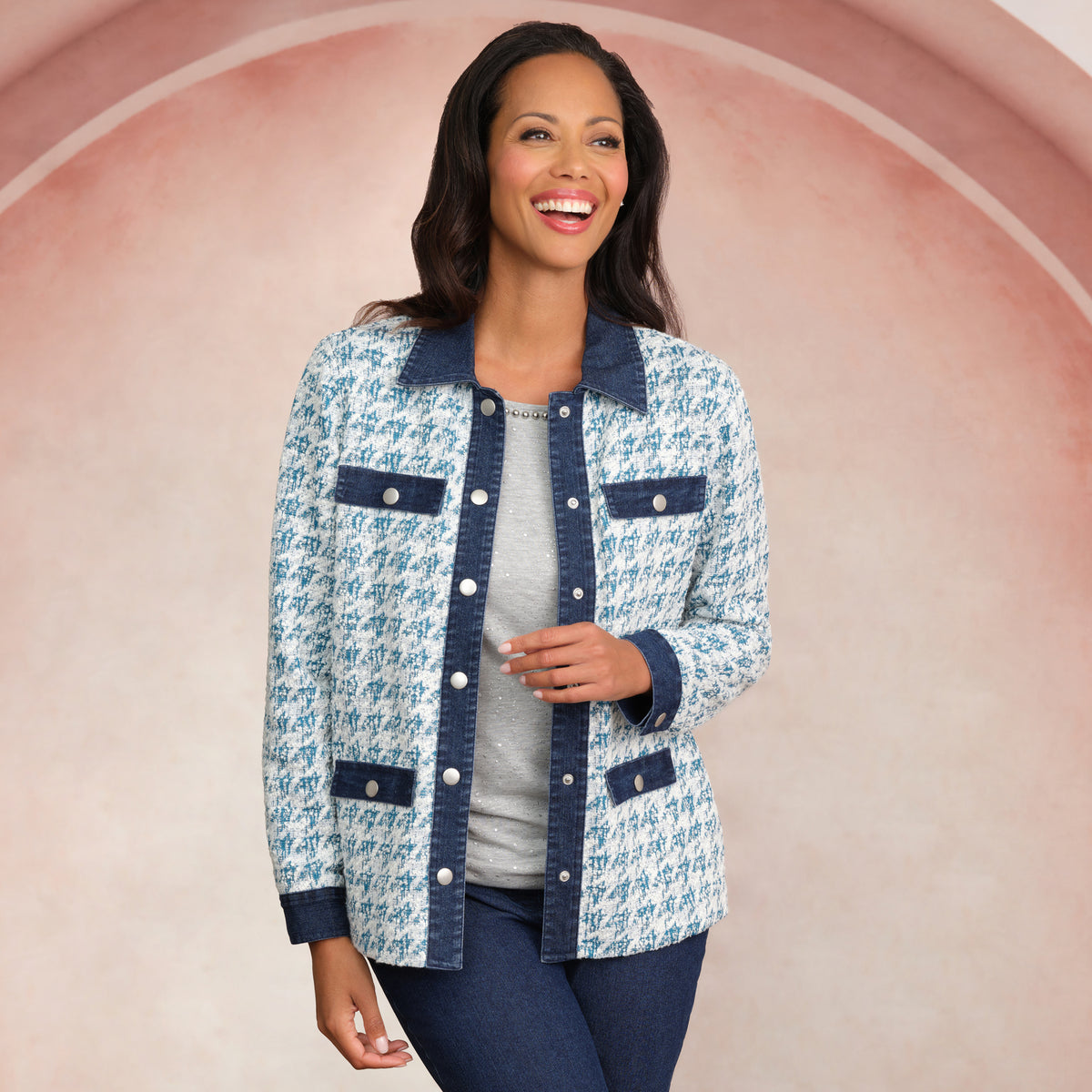 Chaqueta de punto bouclé pata de gallo verde jade multicolor - Ruby Rd