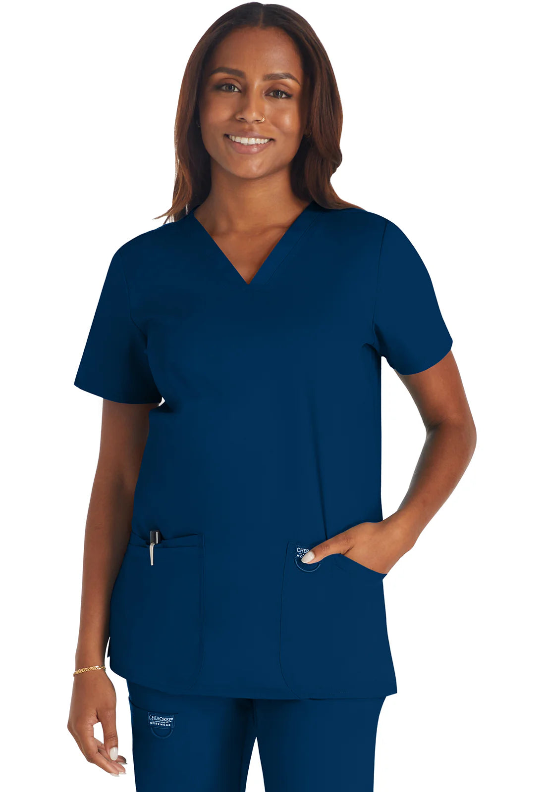 Camisa médica de cuello en V azul marino