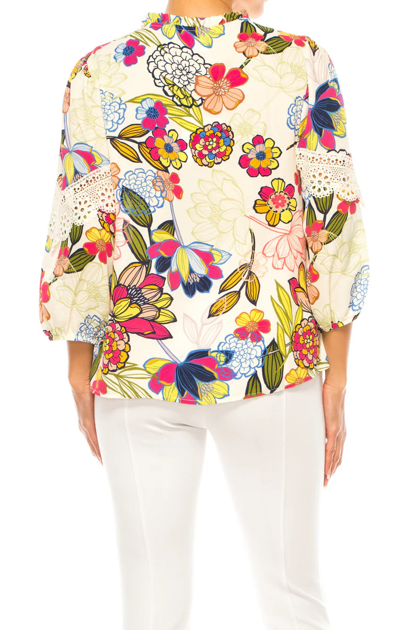 3/4 Multi Print Swing Top Ecru/Rose Multi  - Zac & Rachel