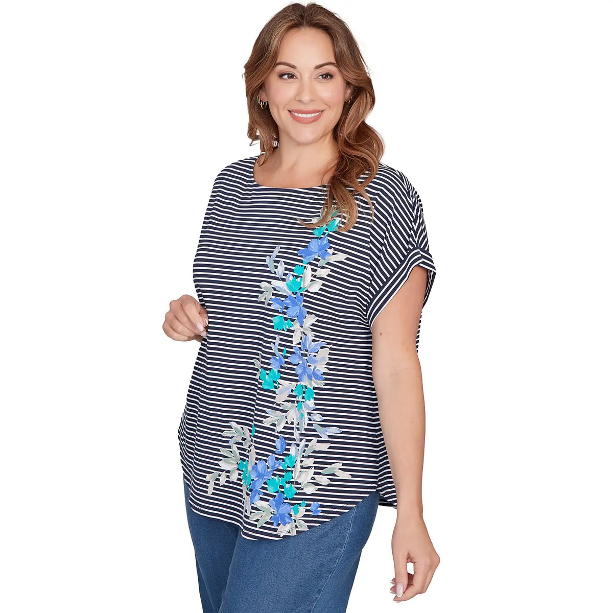 Camiseta de punto a rayas florales talla grande azul marino multicolor - Ruby Rd