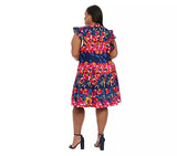 Ruffle Sleeve Floral Print Fit & Flare Dress Navy/Berry  (Plus Size) - London Times