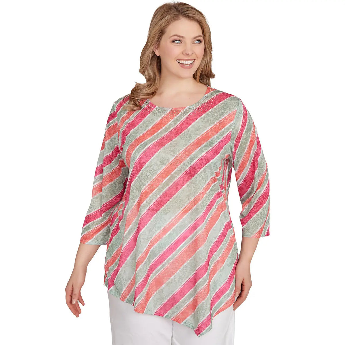 Camiseta con rayas al bies y abalorios de talla grande - Ruby Rd