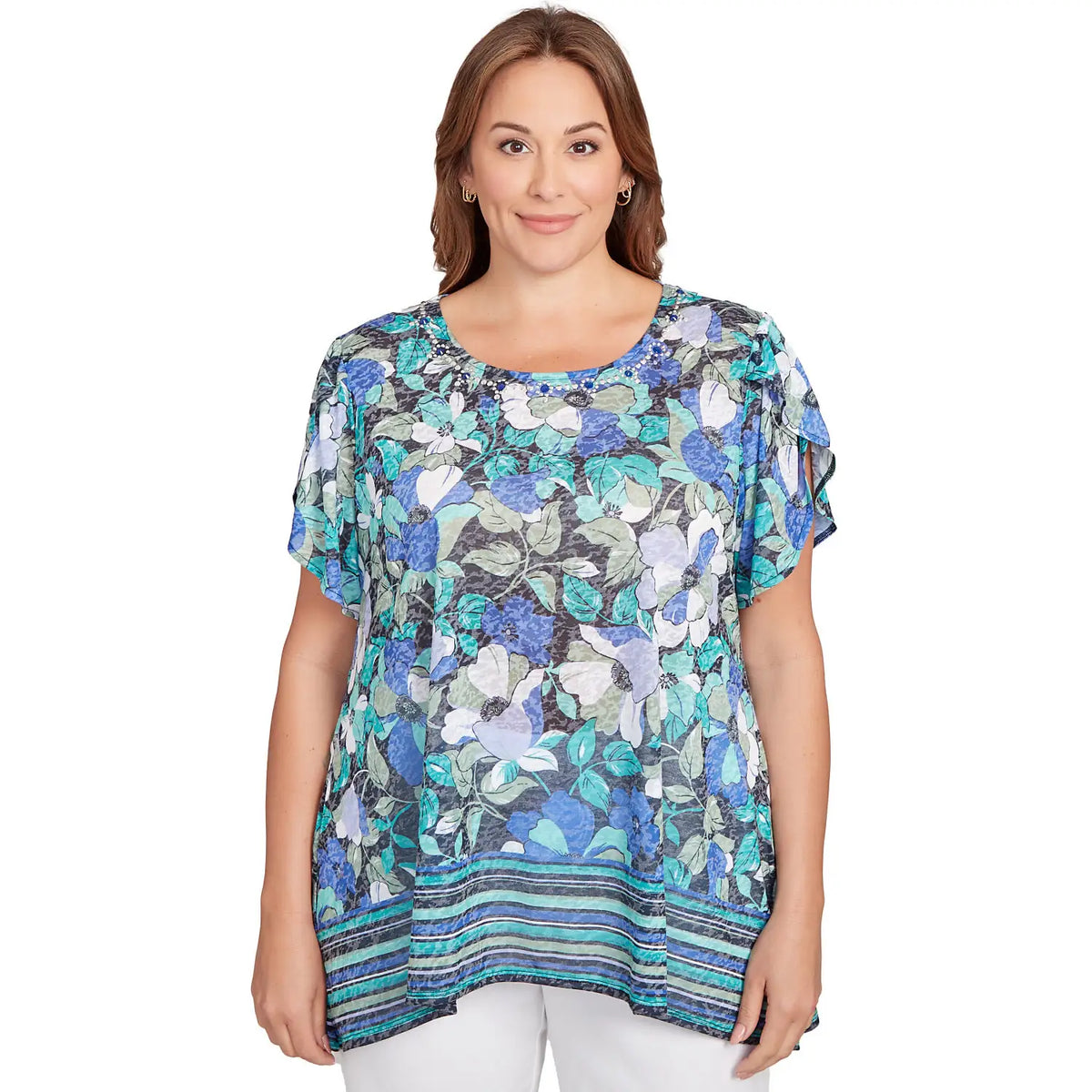 Playera de manga con olán con estampado floral de rayas en el borde azul marino multicolor - Ruby Rd