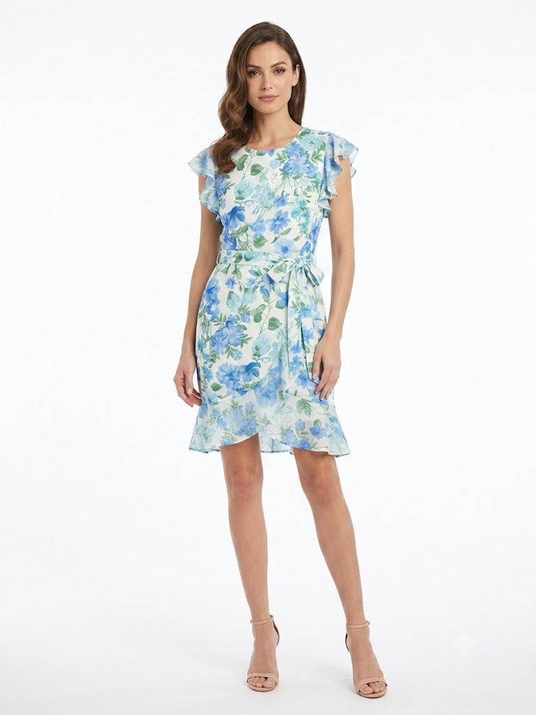 Vestido con Volantes Color Marfil y Azul