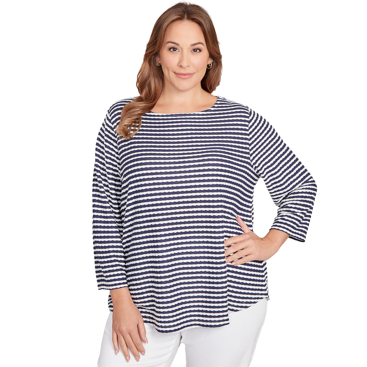Blusa de rayas con textura festoneada Plus Navy Multi - Ruby Rd