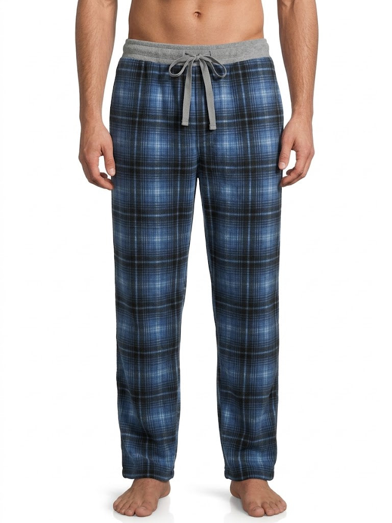 Men's Contrast Rib Plaid Printed Fleece Pants Blue