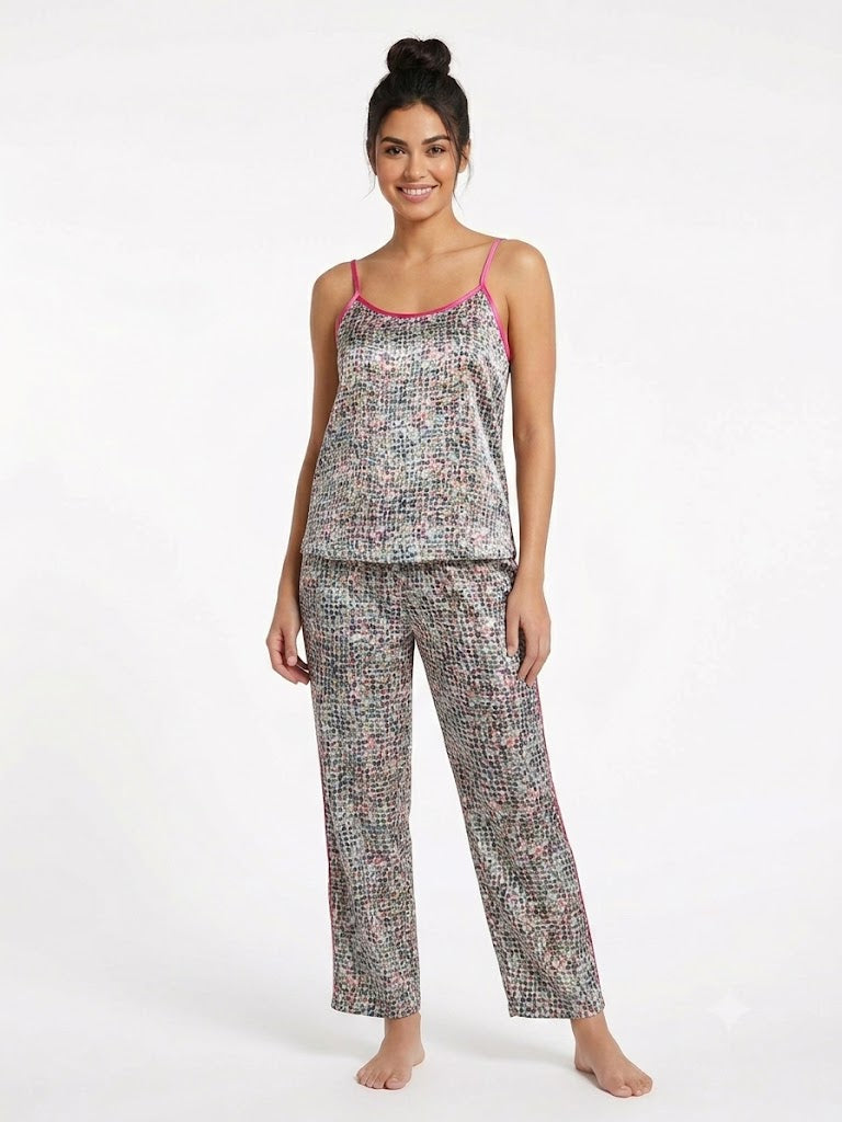 Pijama de satén de 2 piezas (camiseta de tirantes/pantalón) para mujer, rosa multicolor