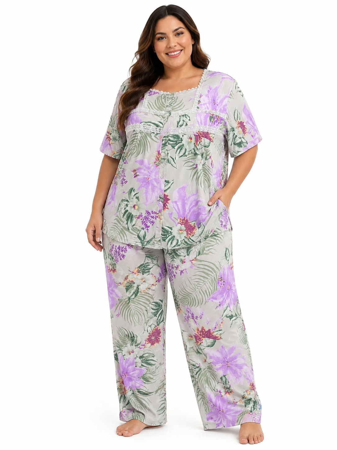 Conjunto de pijama de 2 piezas talla grande con top y capri, adornos de ganchillo, floral gris-morado