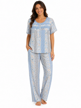 Missy Pant Pj Set w / Lace & Bottoms , Doily Blue