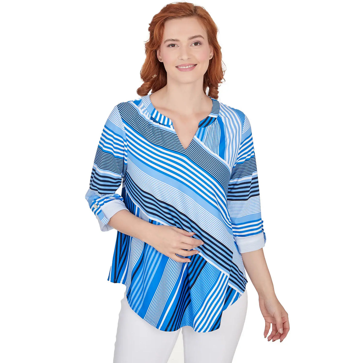 Top Ruby Rd con cuello con abertura, estampado a rayas y mangas enrollables