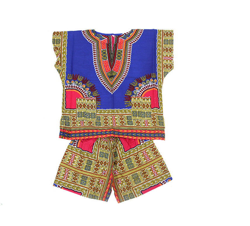 Conjunto de Dashiki y pantalones cortos para niños - Azul