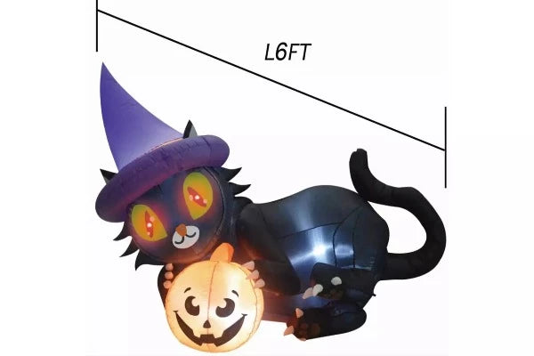 6 FT Long  Inflatable Black Cat with Pumpkin