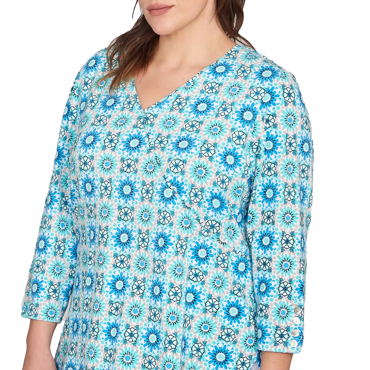 Top estilo corpiño cruzado falso con estampado floral y medallones Plus Lagoon Multi - Ruby Rd