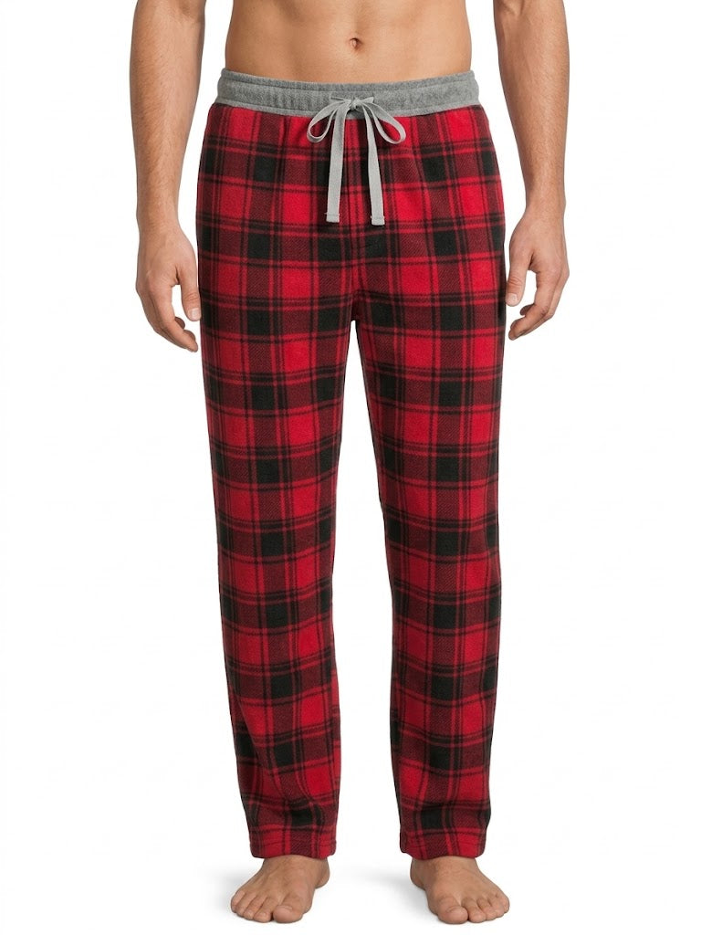 Men's Contrast Rib Plaid Printed Fleece Pants Red