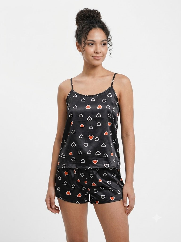 Pijama de satén de 2 piezas para mujer, camiseta sin mangas y pantalón corto, negro con corazones