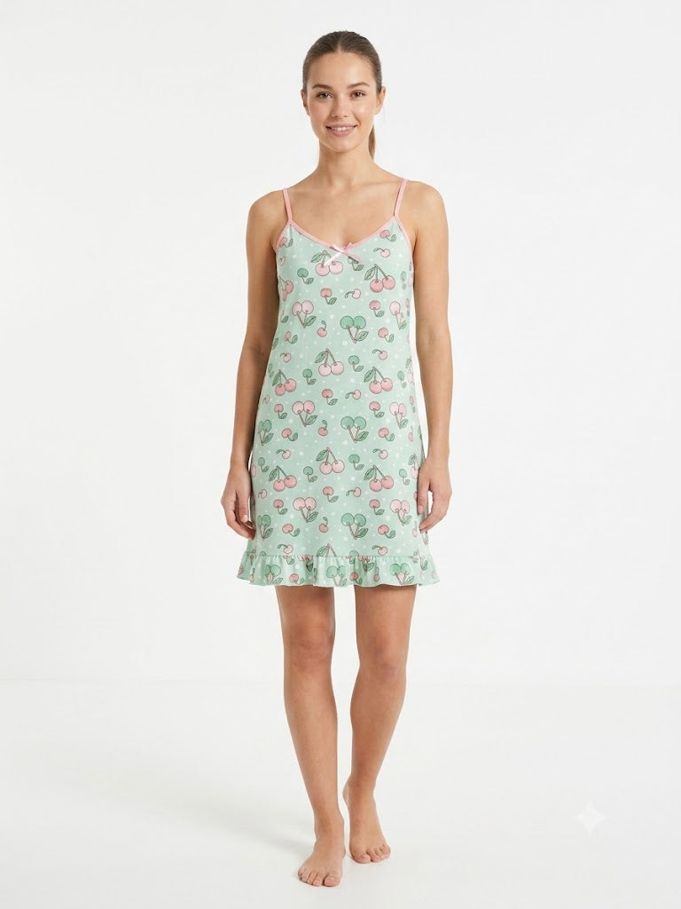 Camisón de mujer con tirantes ajustables, estampado de CEREZAS ROSAS Y VERDES