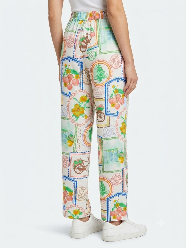Pantalones con estampado floral y de frutas - Blanco-Verde - Noventa