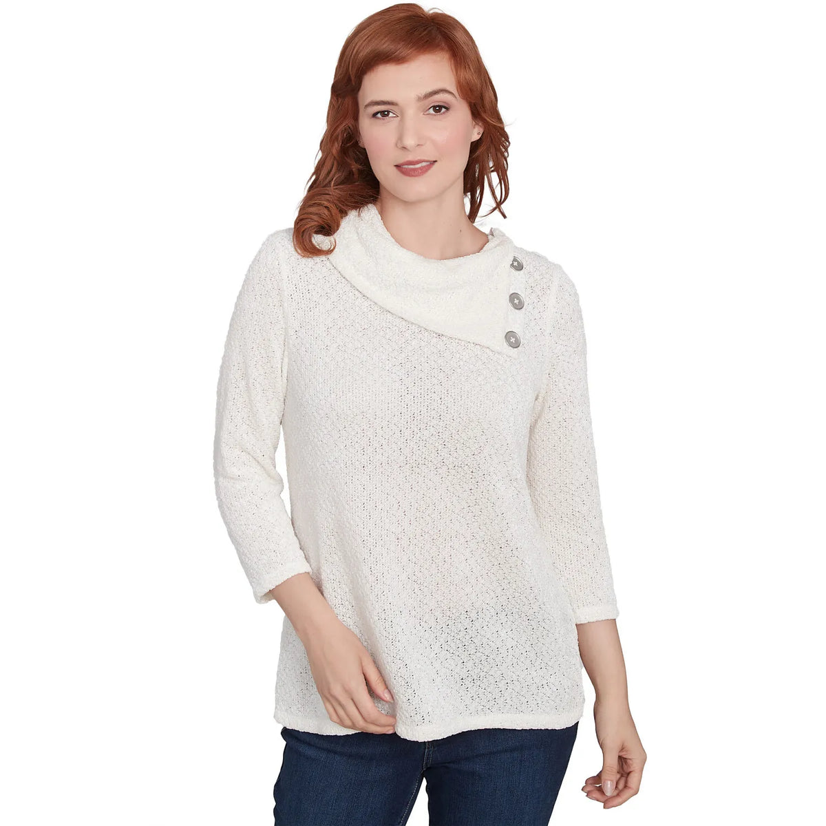 Split Cowl Neck Chenille Shine Knit Top Ivory- Ruby Rd