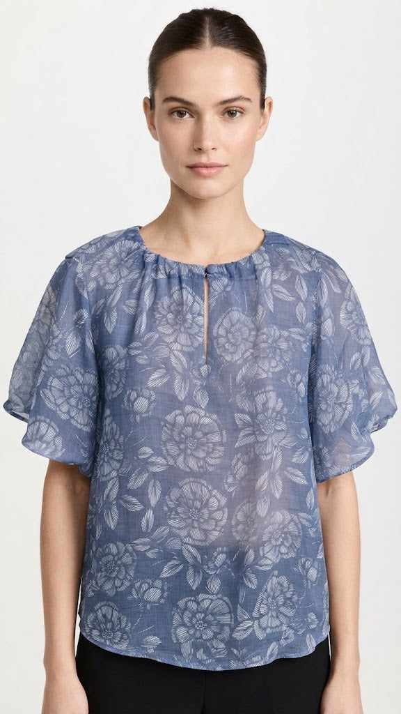 Navy Floral Gathered Neck Flutter Sleeve