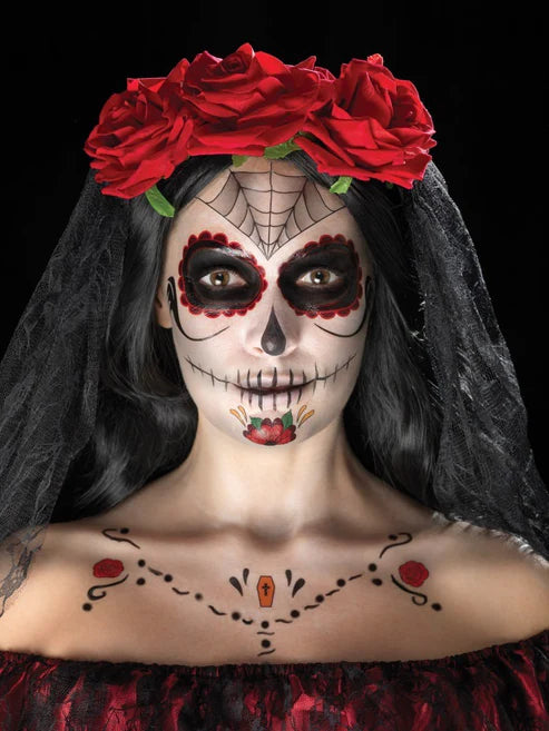 Kit de transferencias de tatuajes faciales del Día de Muertos, rojo y negro