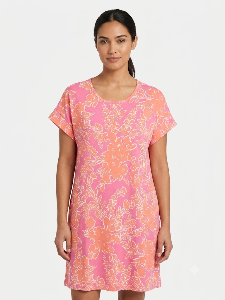 Vestido de manga corta con puño y estampado de palmeras rosas - Noventa