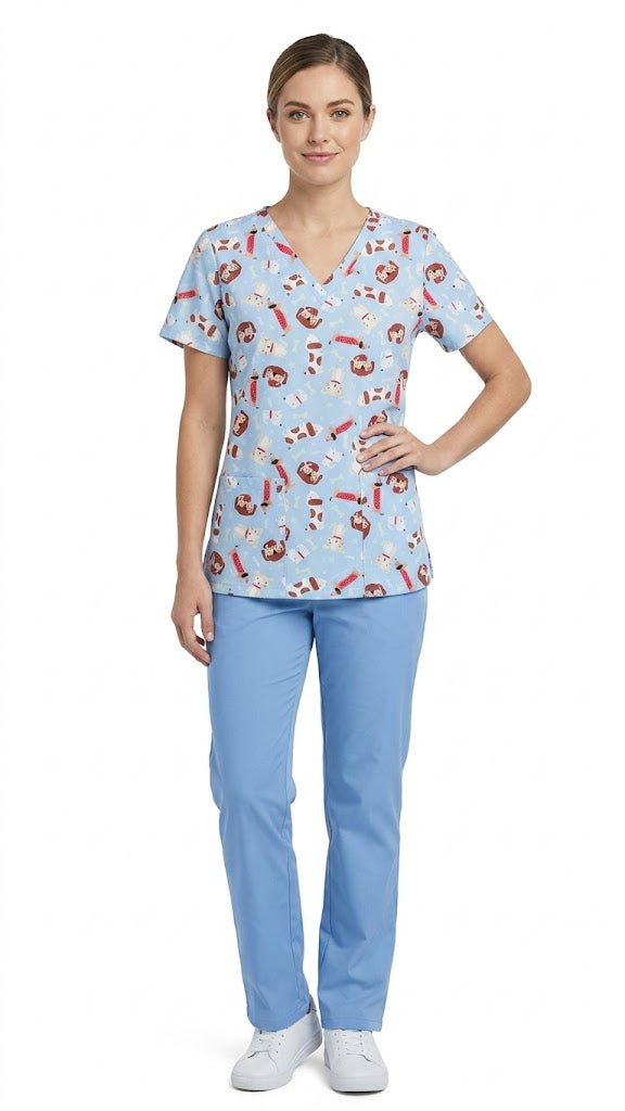 Camisa estampada elástica con cuello en V y 5 bolsillos