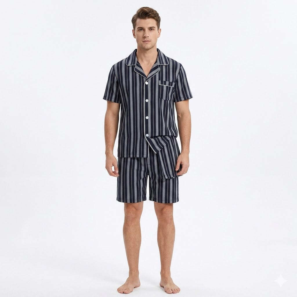 Pijama de hombre de manga corta con pantalón largo corto, azul marino/gris multicolor