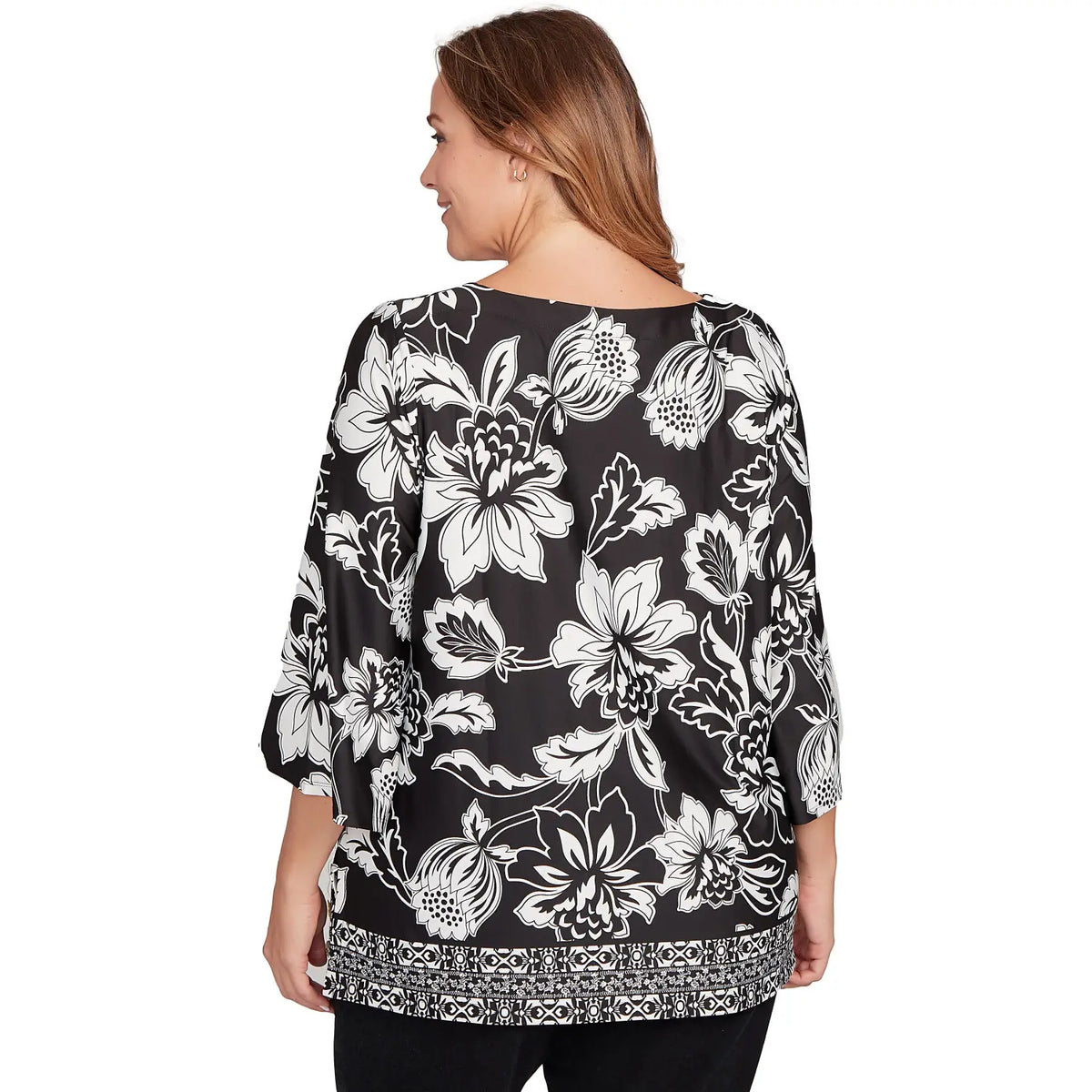 Blusa de punto Plus Floral Geo Border Negro/Blanco - Ruby Rd