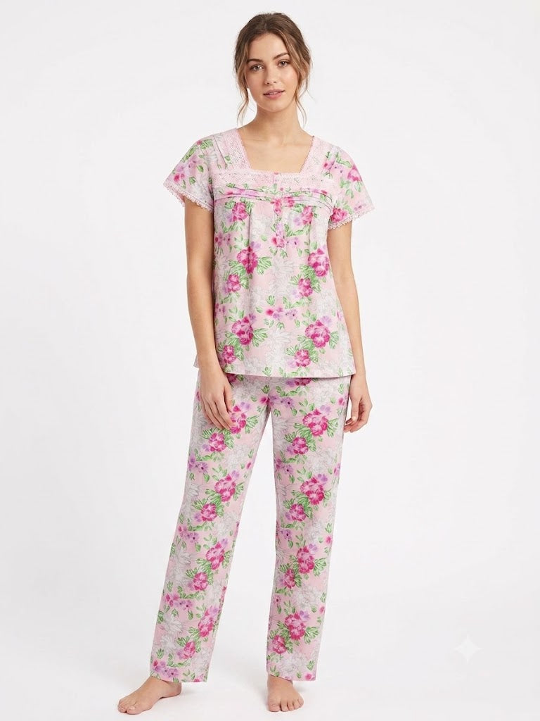 Conjunto de pijama de 2 piezas para mujer: top y capri con encaje, floral beige