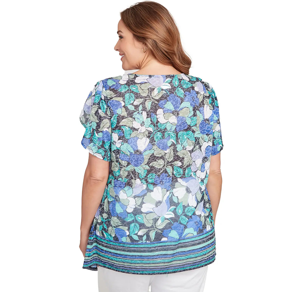 Playera de manga con olán con estampado floral de rayas en el borde azul marino multicolor - Ruby Rd