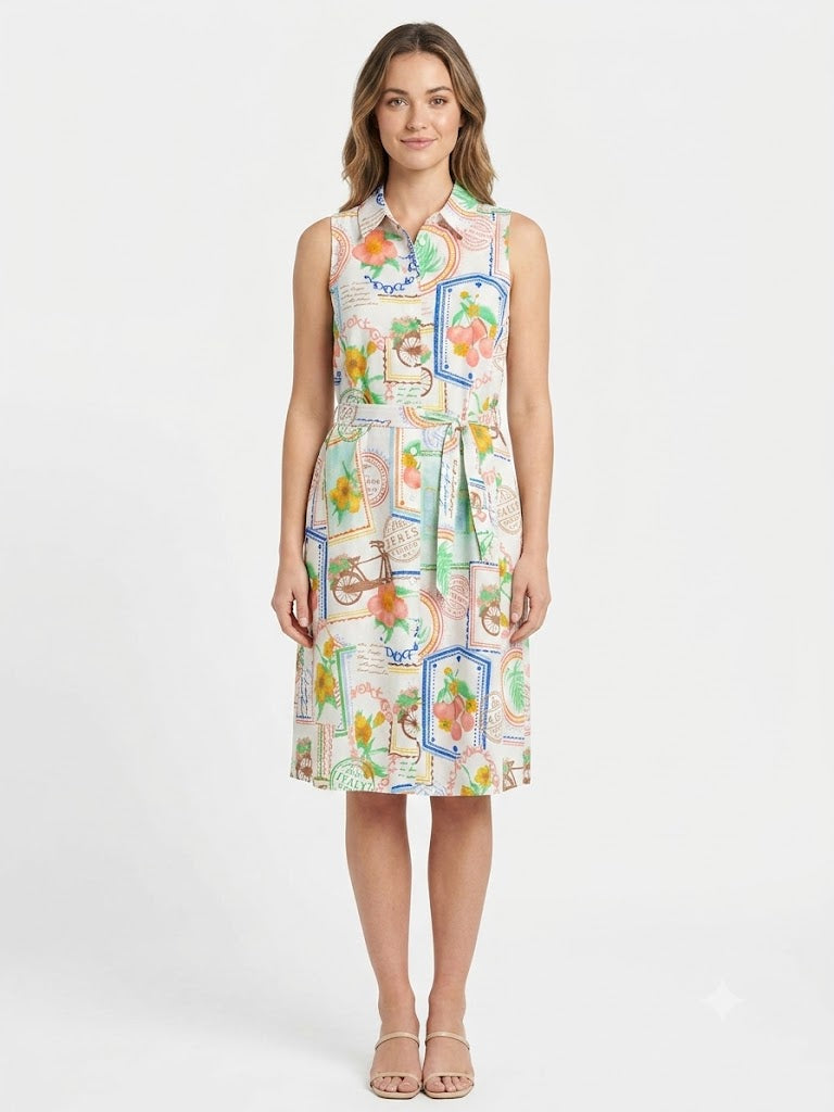 Vestido Estampado Lino Sintético con Frutas y Flores - Noventa