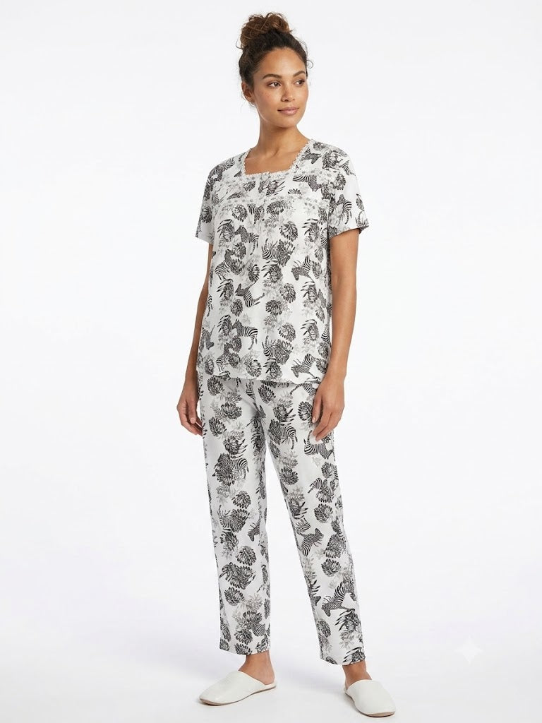 Conjunto de pijama de 2 piezas para mujer (top/pantalón), cebra blanco/negro