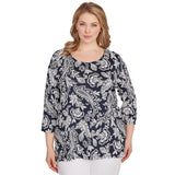 Top Jacobean Paisley con estampado abullonado en azul marino/blanco - Ruby Rd