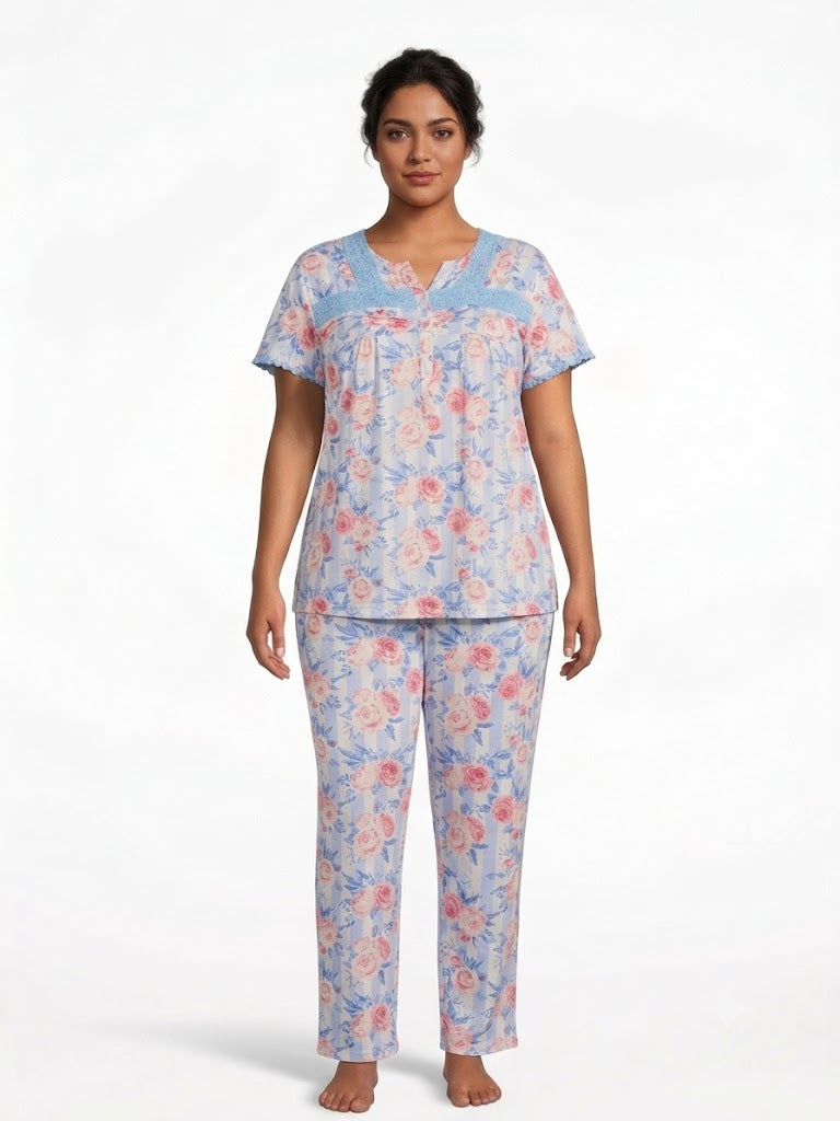 Conjunto de pijama de talla grande, con encaje y pantalón, azul floral