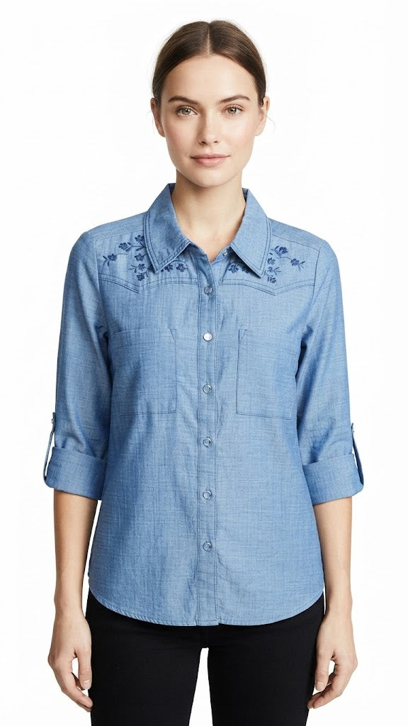 True Blue Embroidered Roll Tab Button Down