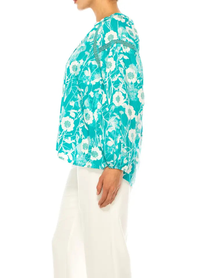 Half Button Down Peasant Top Lapis/Coconut Milt  - Zac & Rachel