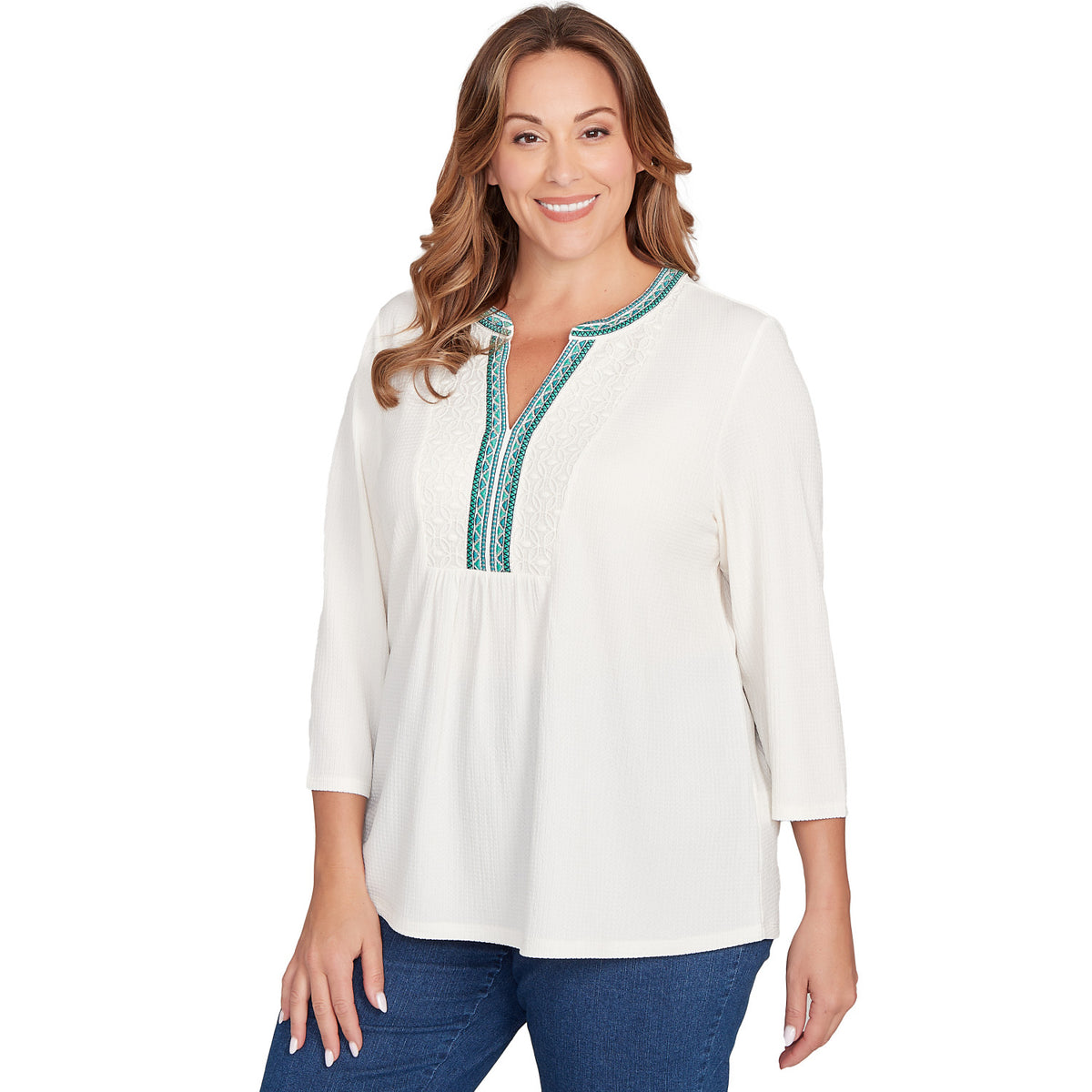 Blusa de Talla Grande con Escote Dividido Texturizado Adornado - Ruby Rd
