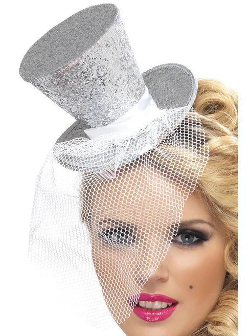 Mini sombrero de copa Fever con diadema, plateado