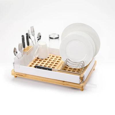 Escurridor de platos de bambú de gran capacidad, blanco