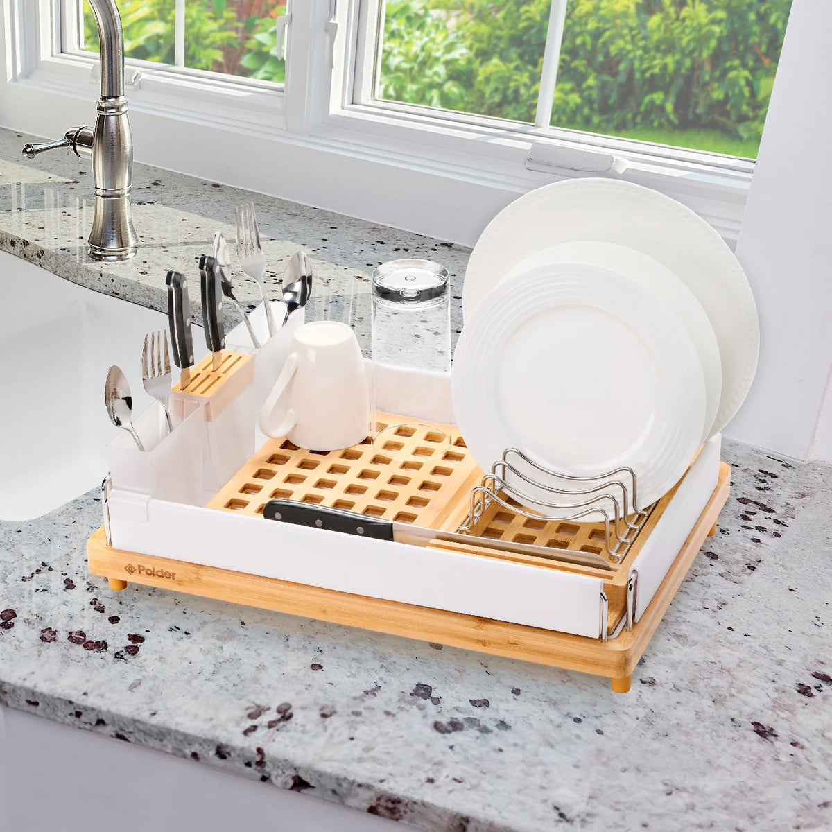 Escurridor de platos de bambú de gran capacidad, blanco