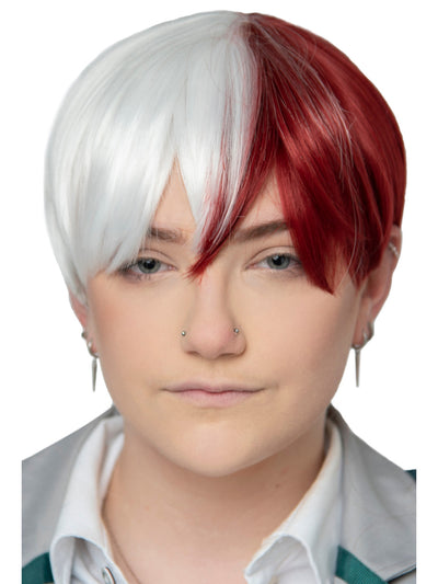 Peluca de onda granate y blanca de héroe de anime para adultos