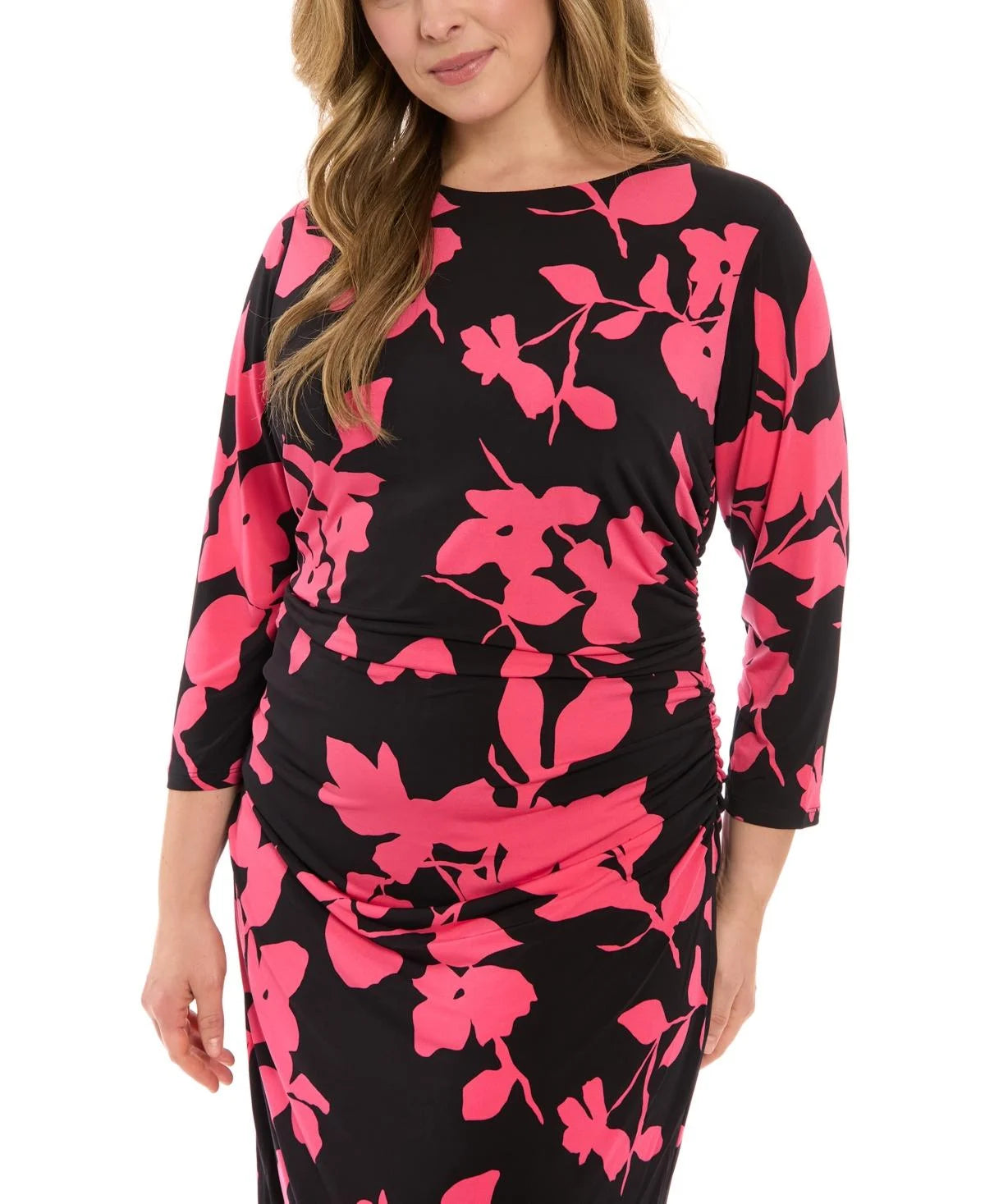 Vestido midi fruncido elegante negro-baya (talla grande) - London Times