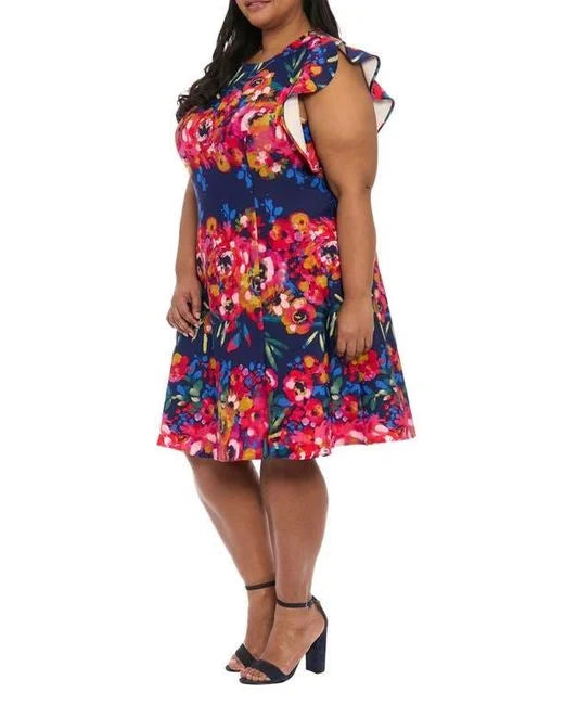Ruffle Sleeve Floral Print Fit & Flare Dress Navy/Berry  (Plus Size) - London Times