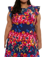 Ruffle Sleeve Floral Print Fit & Flare Dress Navy/Berry  (Plus Size) - London Times