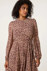Brown Godet Dress With Self Tie